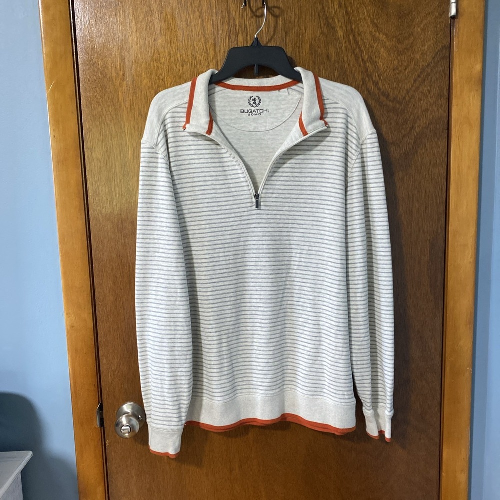 Bugatchi Uomo Mens XL Gray Striped Orange Trim Quarter Zip Pullover Sweater